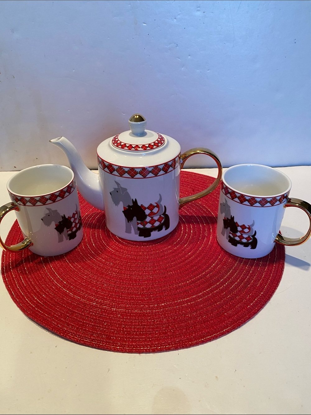 Grace Teaware Fine Porcelain Scotty Dog Teapot & Matching Mugs